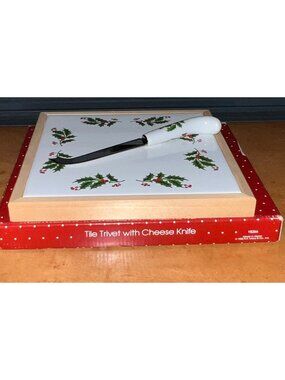 Tile Trivet Cheese Knife Holly Berry Design All The‎ Trimmings Wood Frame